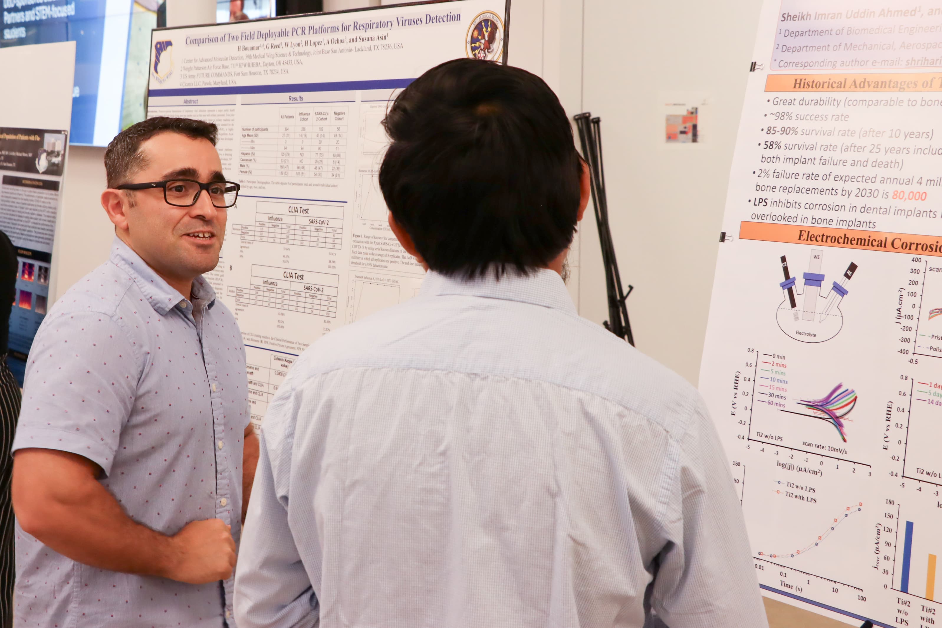 Researchers discussing poster presentations at ProPEL